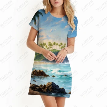 Платье с 3D-принтом для пляжа на берегу моря, платье для отдыха, Летнее базовое платье с короткими рукавами, Свободное повседневное платье большого размера