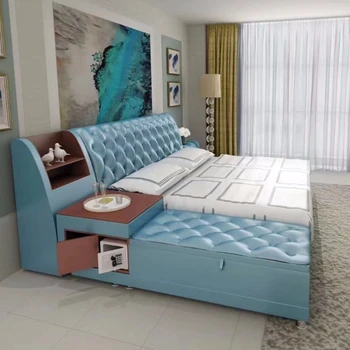 современная кровать из натуральной кожи / мягкая кровать / двуспальная кровать размера king / queen size для спальни домашняя мебель с ящиком для хранения и сервантом
