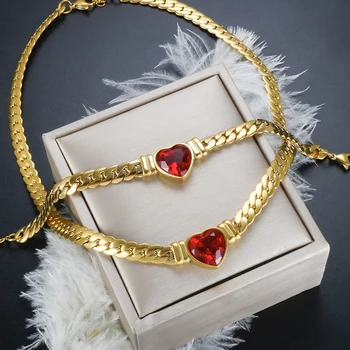 Роскошное ожерелье с цирконом в виде сердца любви, браслет, Дубайская Кубинская цепочка, Набор ювелирных изделий для женщин, Водонепроницаемая нержавеющая сталь, 18-Каратное позолоченное покрытие.