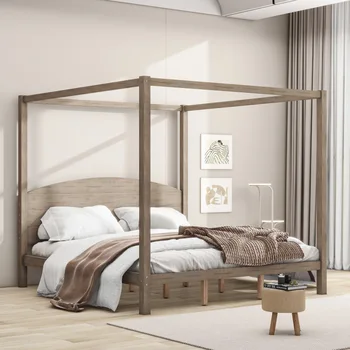 Кровать-платформа Brown Wash King Size с балдахином, изголовьем и опорными ножками, для мебели для спальни в помещении