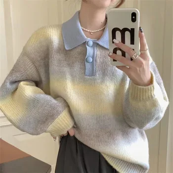 Женский свитер-поло с градиентным вырезом, Свободный пуловер, вязаный свитер с длинным рукавом