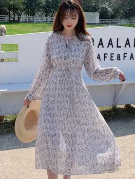Весеннее Элегантное женское Шифоновое платье в корейском стиле с длинным рукавом и Цветочным принтом, Повседневное Элегантное Длинное Пляжное платье