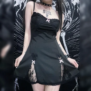 Готическое эстетичное черное мини-платье E-girl, модная уличная одежда, милые платья с кружевной отделкой для милых девушек, платья без рукавов с V-образным вырезом и бантом