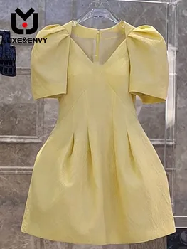 Женские желтые платья класса ЛЮКС и ENVY высокого класса. Французский стиль, плиссированные, облегающие, с V-образным вырезом, женщины-пузыри, лето 2023 г.